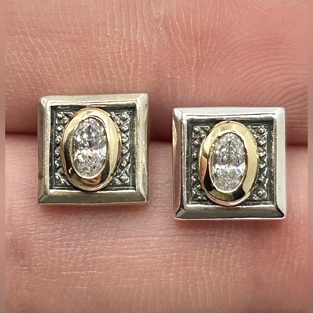 Anatoli White Topaz with Textured Sterling Silver and 14k Gold Square Earrings